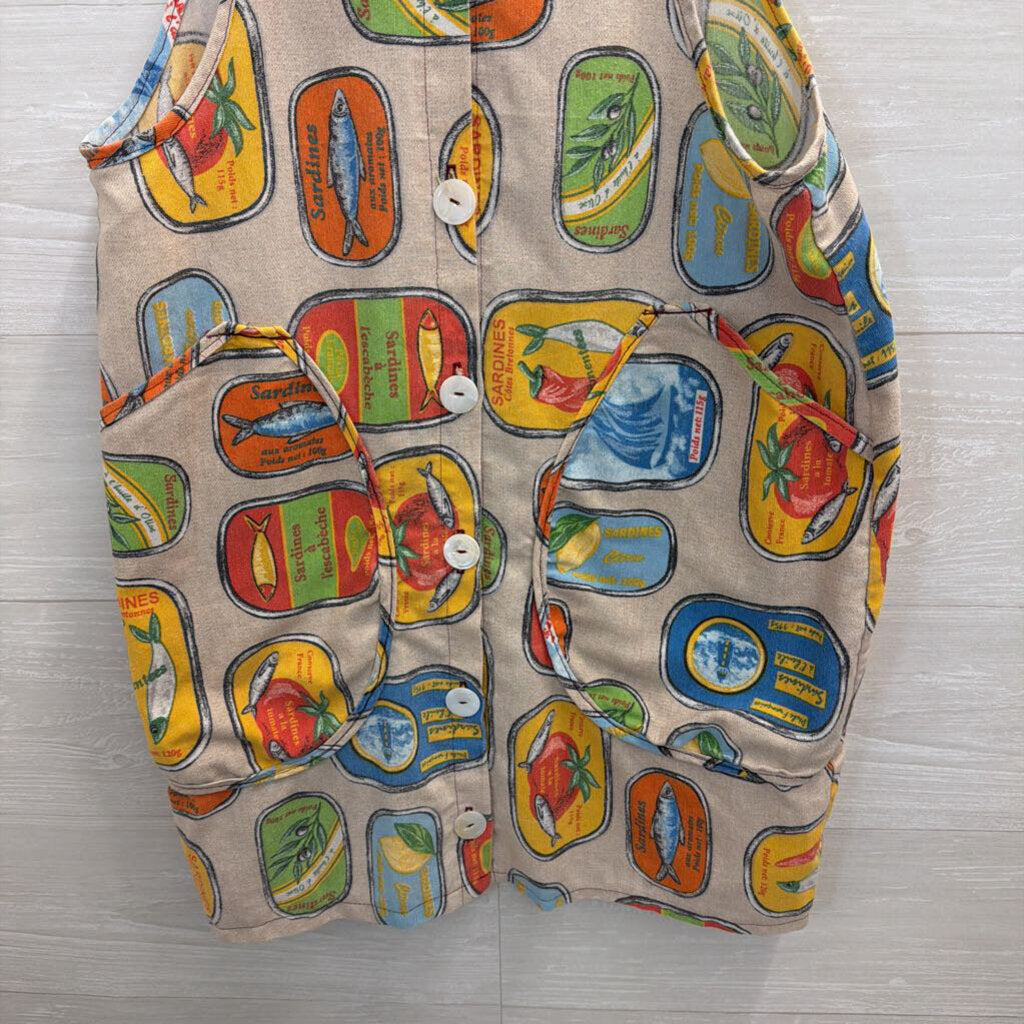 MADE Beige/ Multi Sardine Print Button Front Sleeveless Small