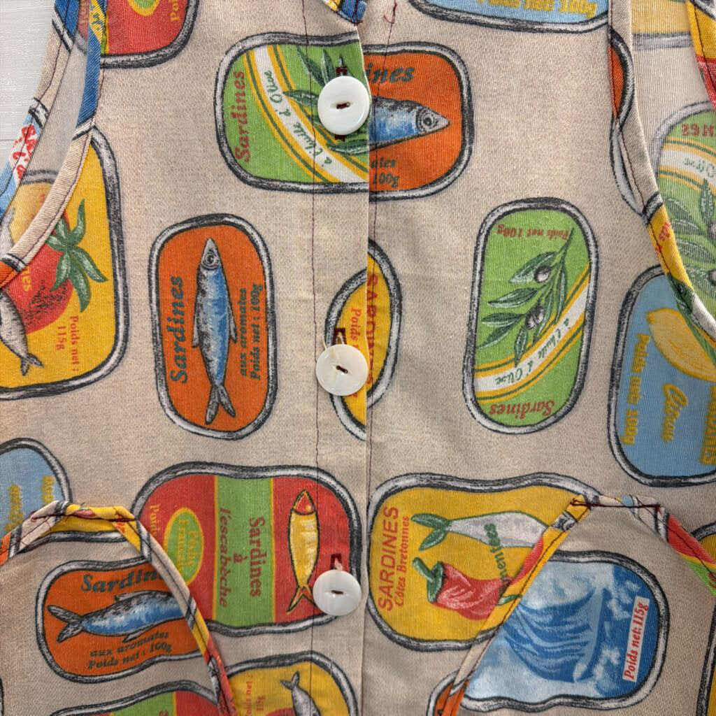 MADE Beige/ Multi Sardine Print Button Front Sleeveless Small