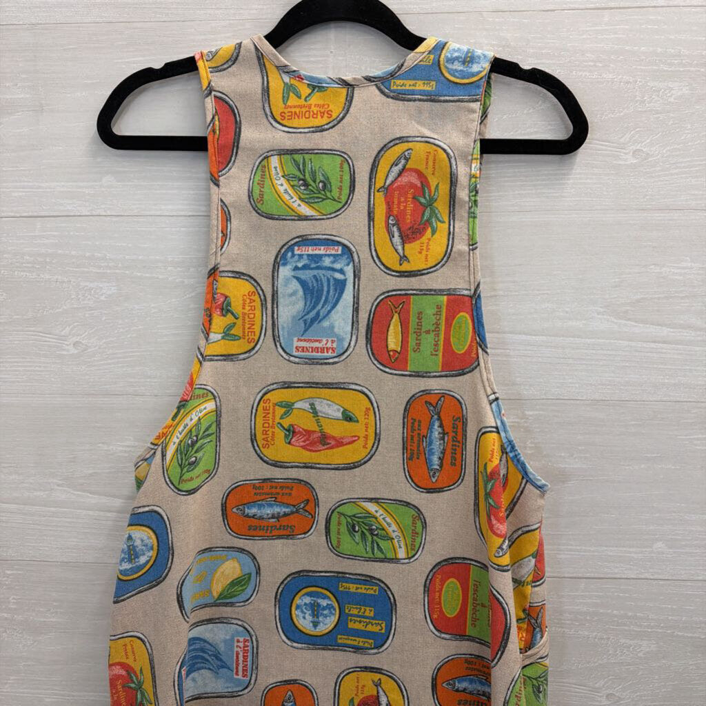 MADE Beige/ Multi Sardine Print Button Front Sleeveless Small