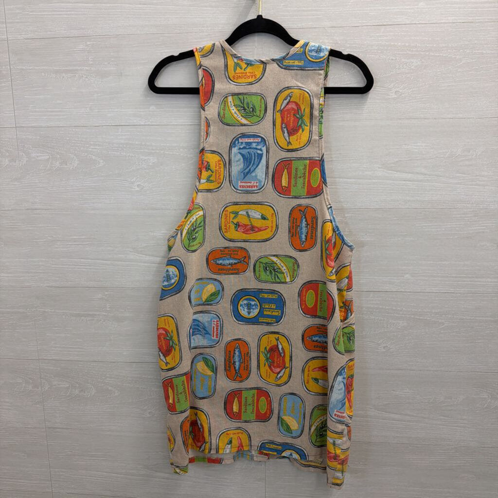 MADE Beige/ Multi Sardine Print Button Front Sleeveless Small