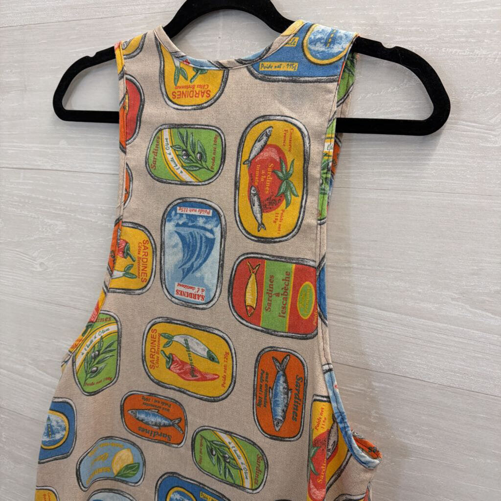 MADE Beige/ Multi Sardine Print Button Front Sleeveless Small