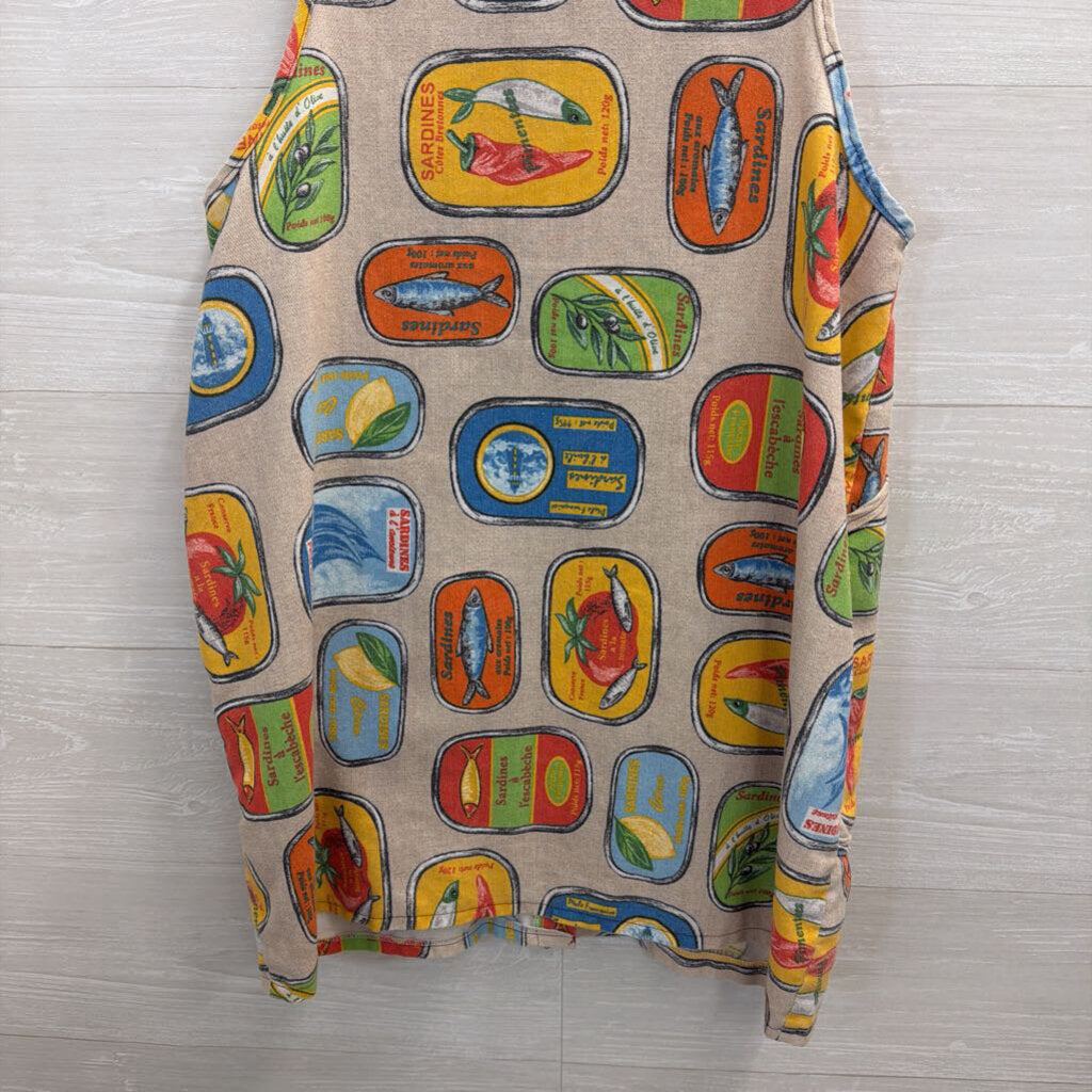 MADE Beige/ Multi Sardine Print Button Front Sleeveless Small