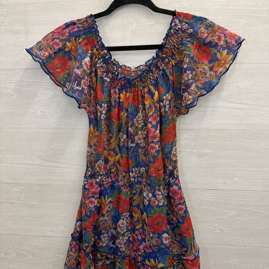 Vintage St Michael Blue/ Multi Floral Print Off Shoulder Midi Dress Medium