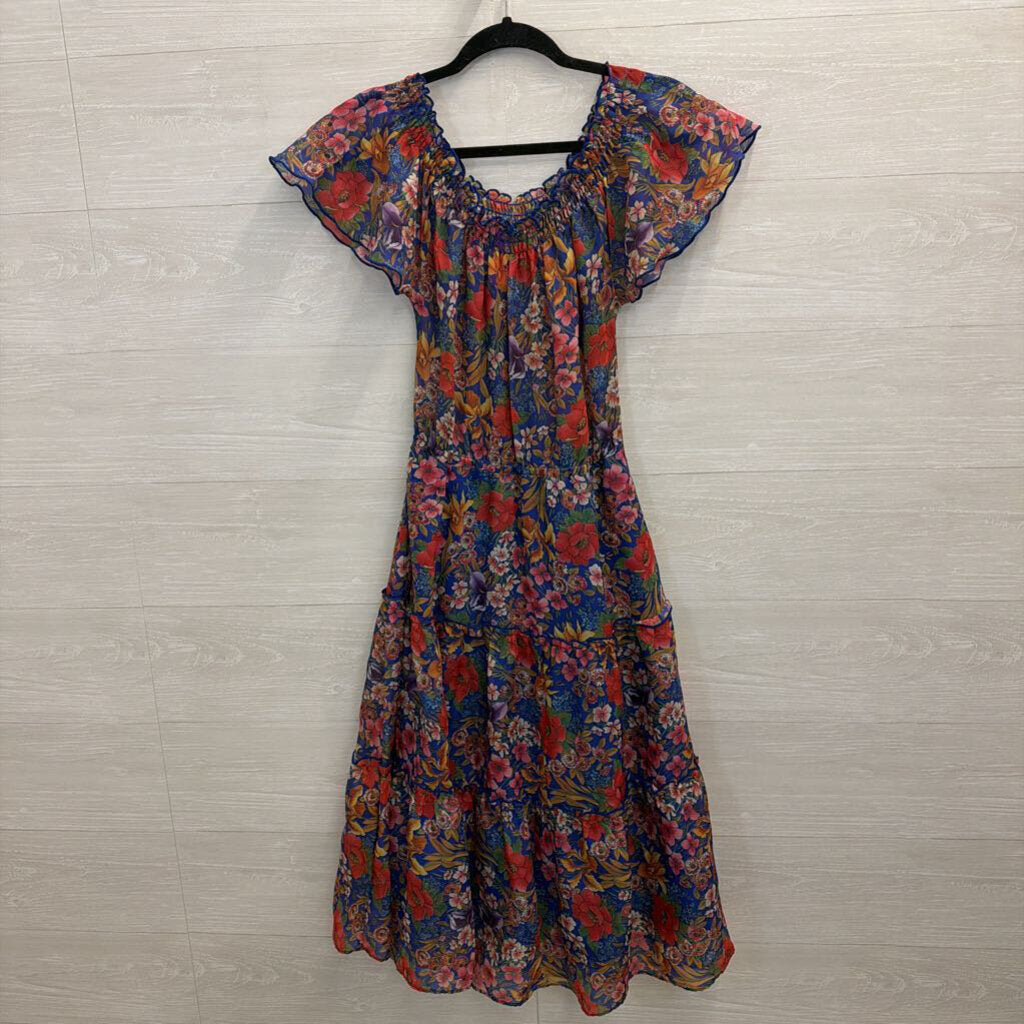 Vintage St Michael Blue/ Multi Floral Print Off Shoulder Midi Dress Medium