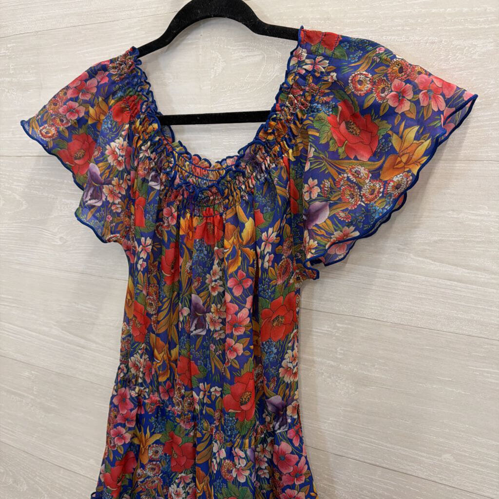 Vintage St Michael Blue/ Multi Floral Print Off Shoulder Midi Dress Medium