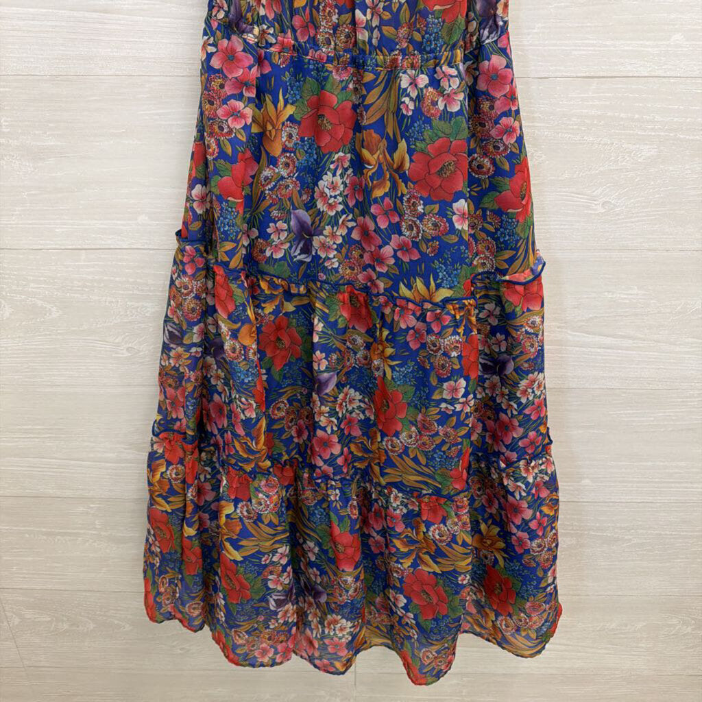 Vintage St Michael Blue/ Multi Floral Print Off Shoulder Midi Dress Medium