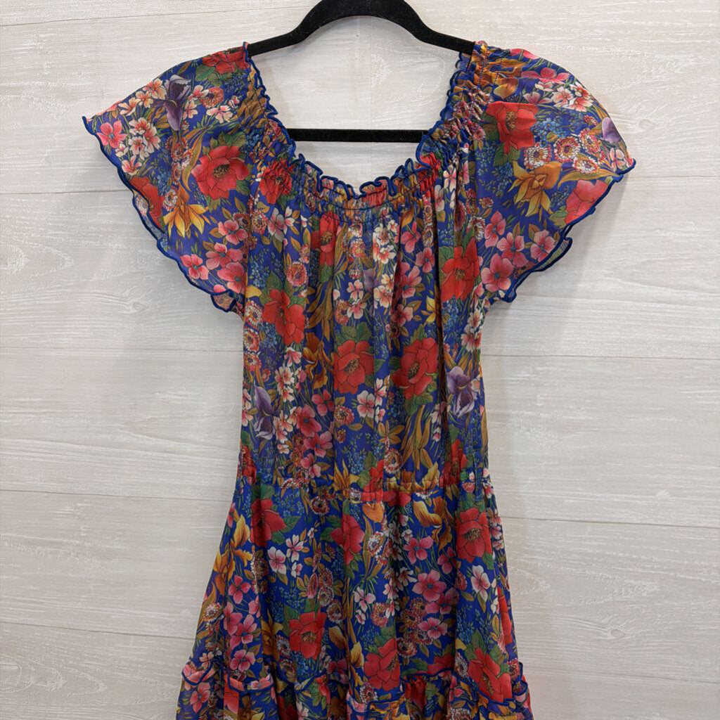 Vintage St Michael Blue/ Multi Floral Print Off Shoulder Midi Dress Medium