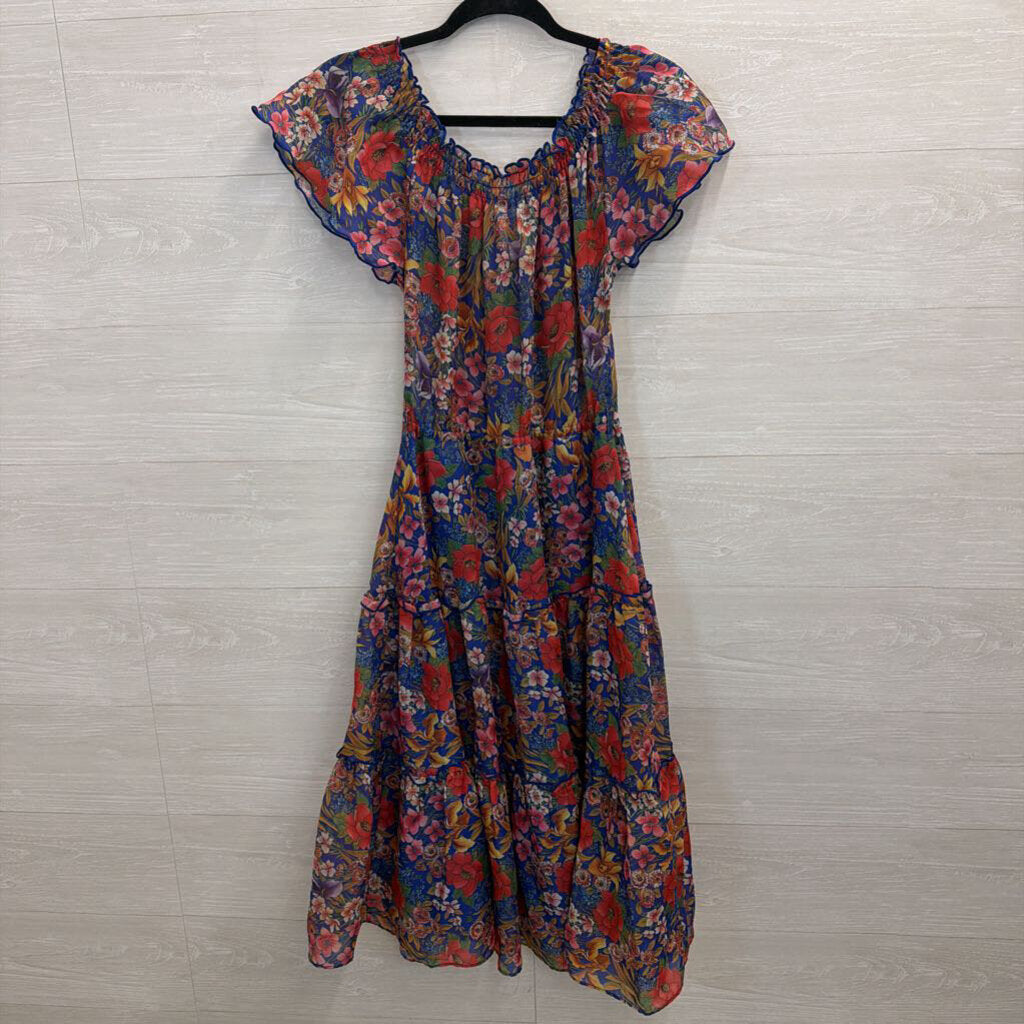Vintage St Michael Blue/ Multi Floral Print Off Shoulder Midi Dress Medium