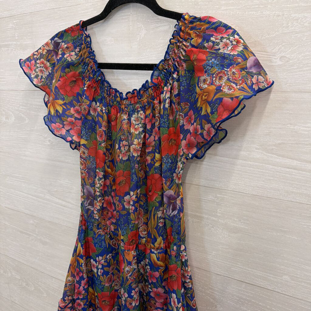Vintage St Michael Blue/ Multi Floral Print Off Shoulder Midi Dress Medium