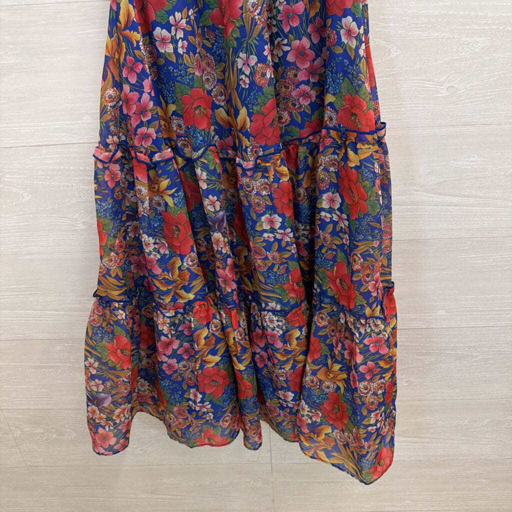 Vintage St Michael Blue/ Multi Floral Print Off Shoulder Midi Dress Medium