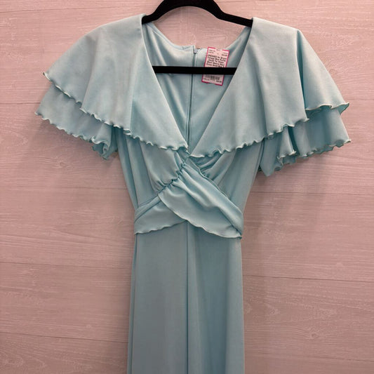 Vintage Blue Ruffle Detail Tie Waist Short Sleeve Maxi Dress Small