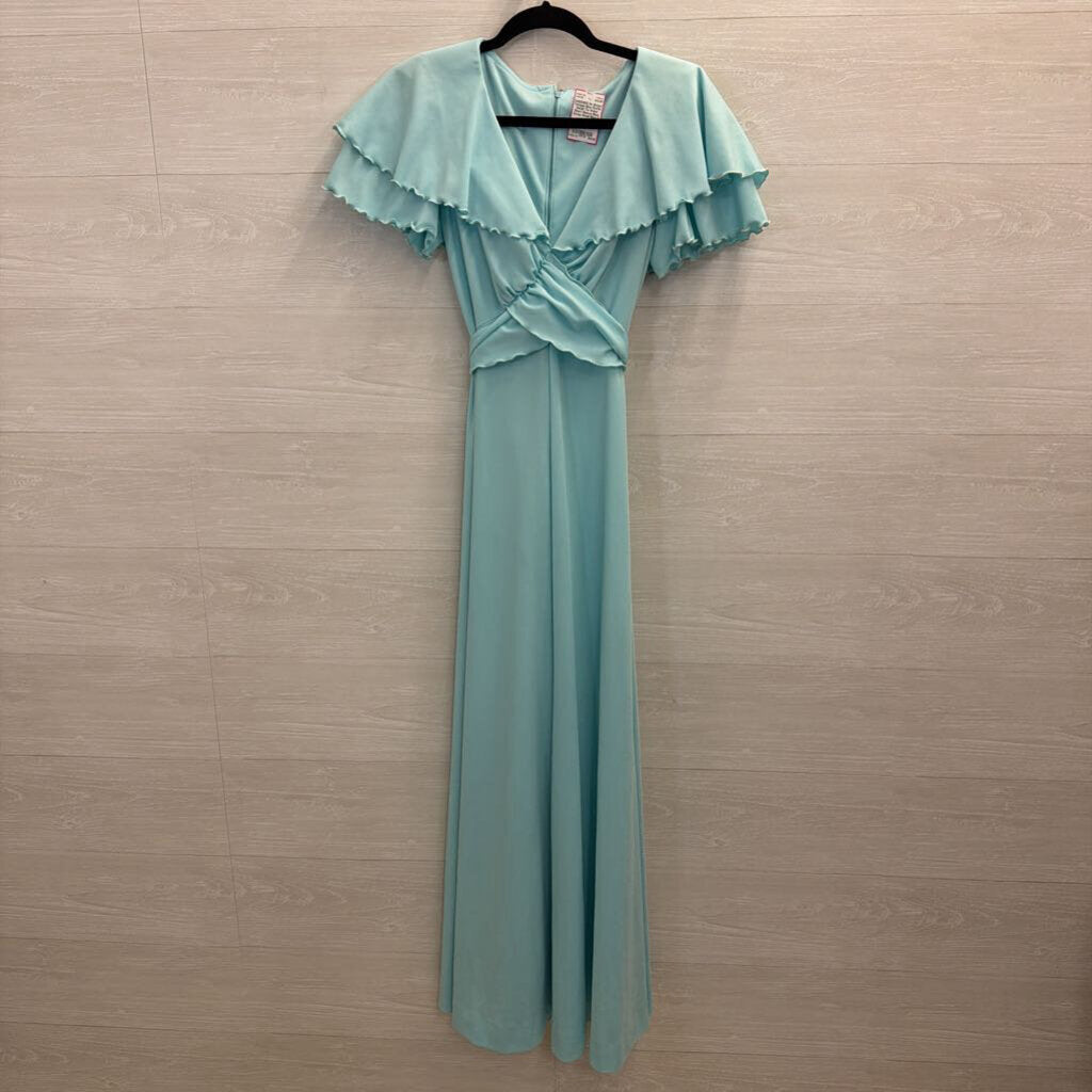 Vintage Blue Ruffle Detail Tie Waist Short Sleeve Maxi Dress Small