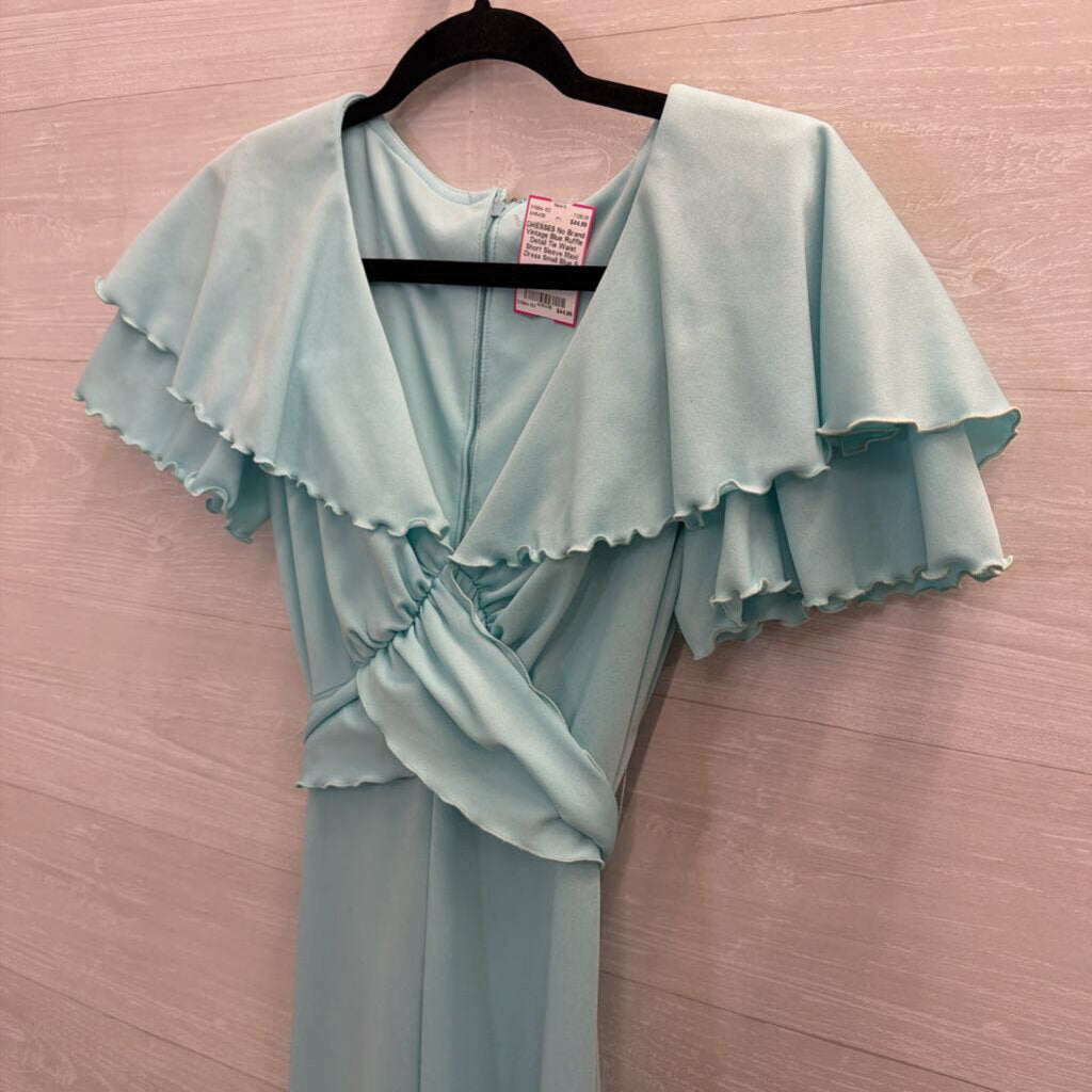 Vintage Blue Ruffle Detail Tie Waist Short Sleeve Maxi Dress Small