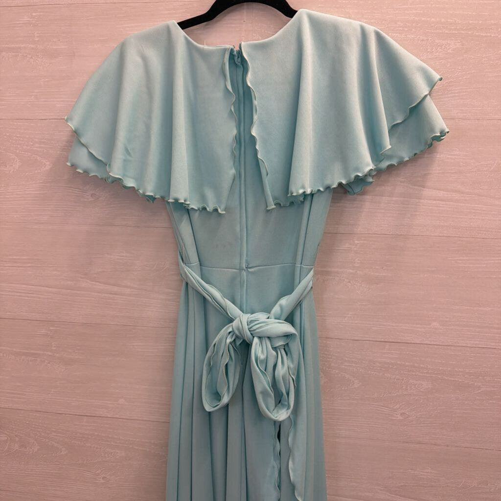 Vintage Blue Ruffle Detail Tie Waist Short Sleeve Maxi Dress Small