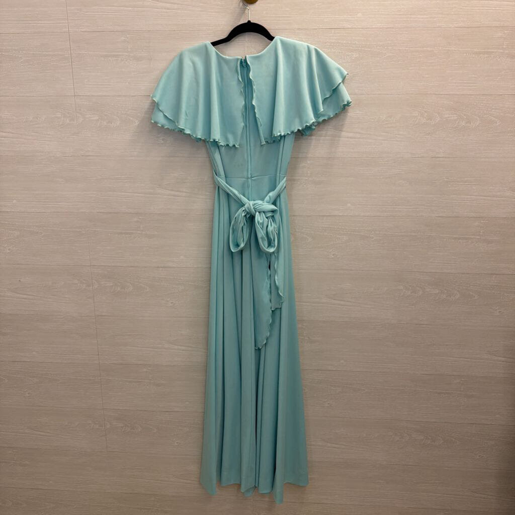 Vintage Blue Ruffle Detail Tie Waist Short Sleeve Maxi Dress Small
