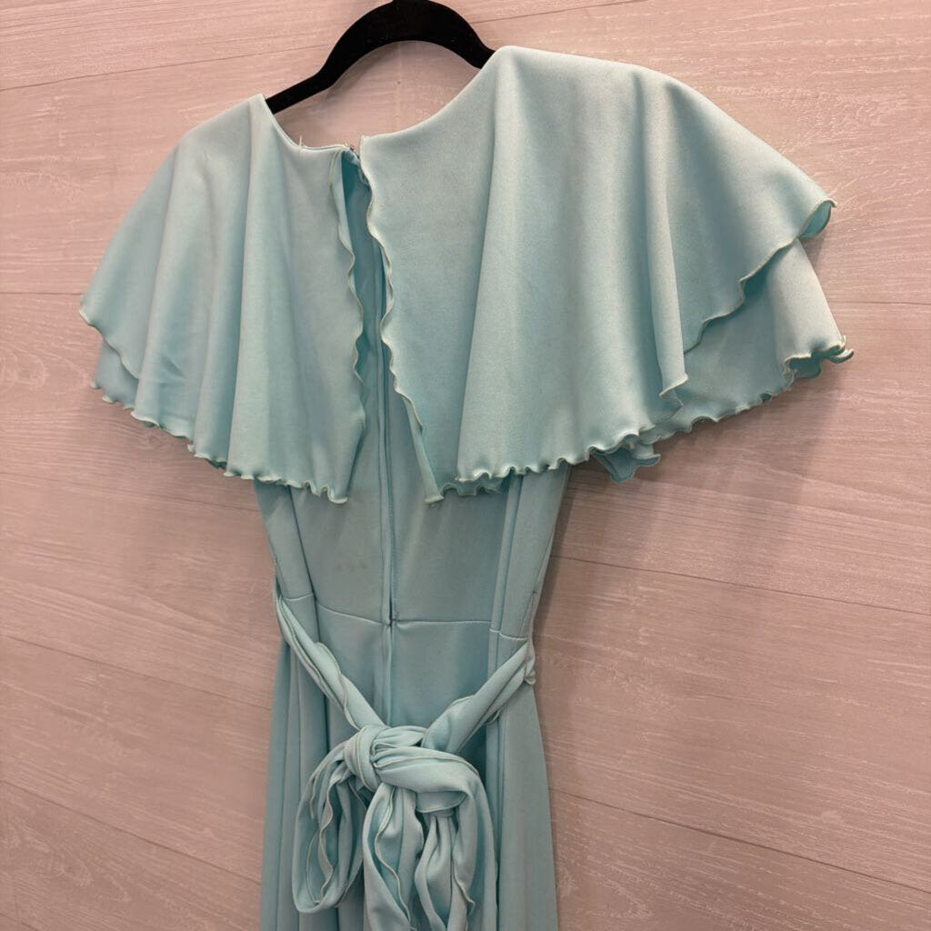Vintage Blue Ruffle Detail Tie Waist Short Sleeve Maxi Dress Small