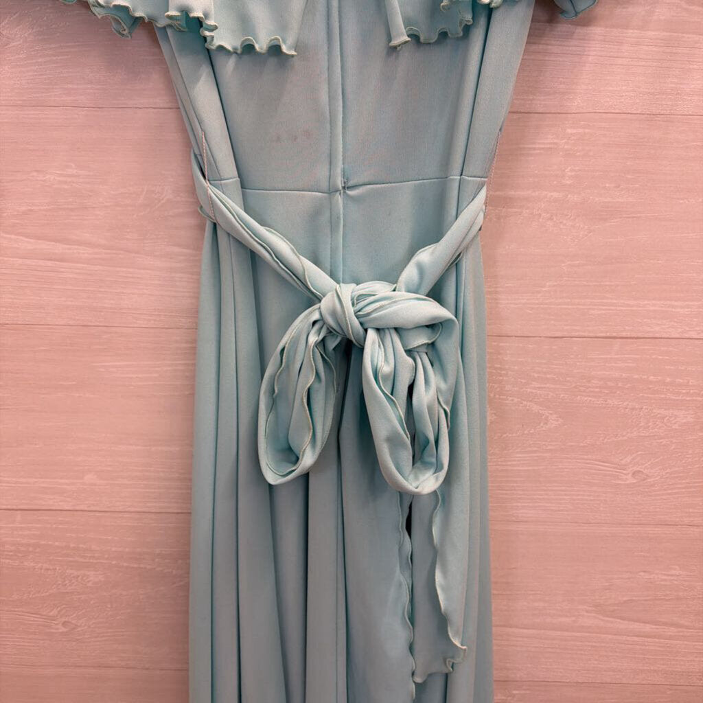 Vintage Blue Ruffle Detail Tie Waist Short Sleeve Maxi Dress Small