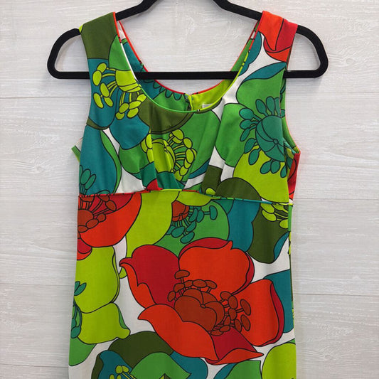 Vintage Malihini Hawaii Green/ Multi Retro Print Sleeveless Maxi Dress 0