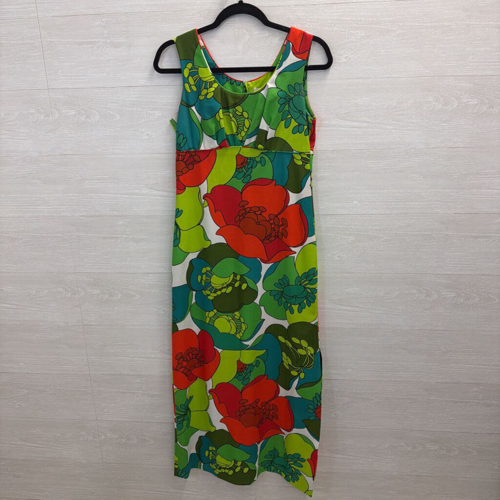 Vintage Malihini Hawaii Green/ Multi Retro Print Sleeveless Maxi Dress 0