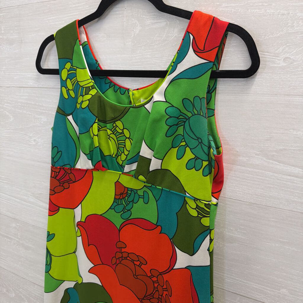 Vintage Malihini Hawaii Green/ Multi Retro Print Sleeveless Maxi Dress 0