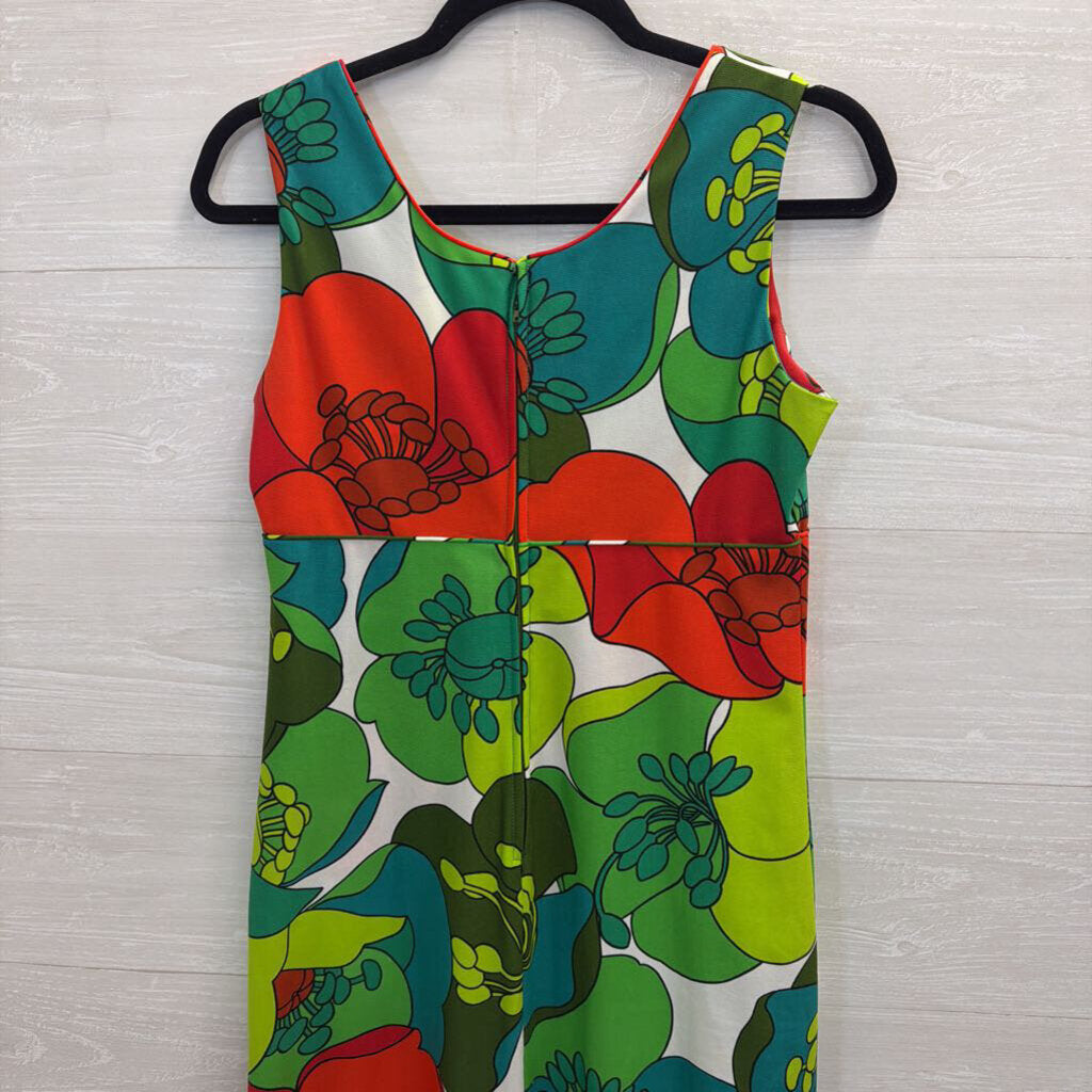 Vintage Malihini Hawaii Green/ Multi Retro Print Sleeveless Maxi Dress 0