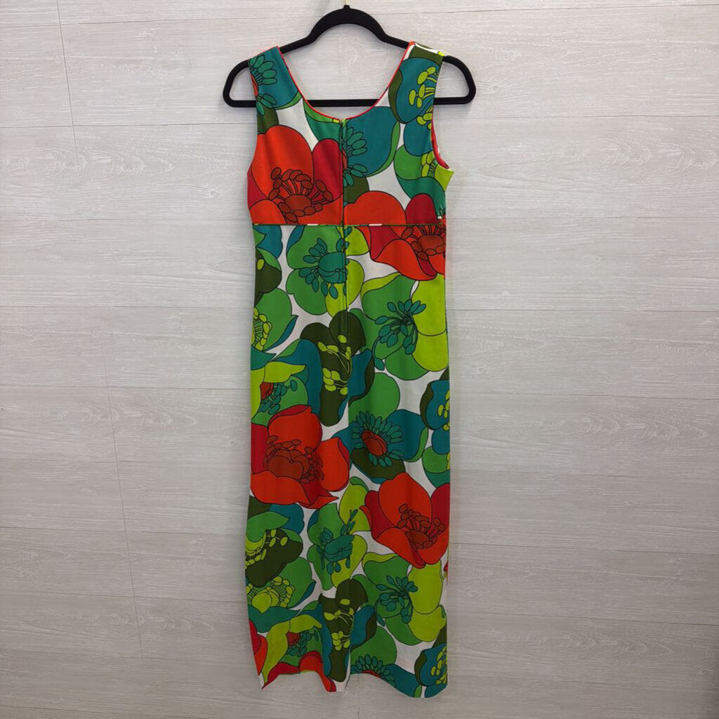 Vintage Malihini Hawaii Green/ Multi Retro Print Sleeveless Maxi Dress 0