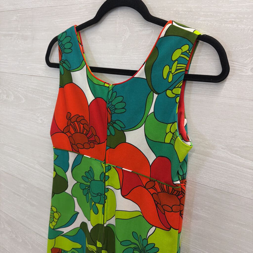 Vintage Malihini Hawaii Green/ Multi Retro Print Sleeveless Maxi Dress 0