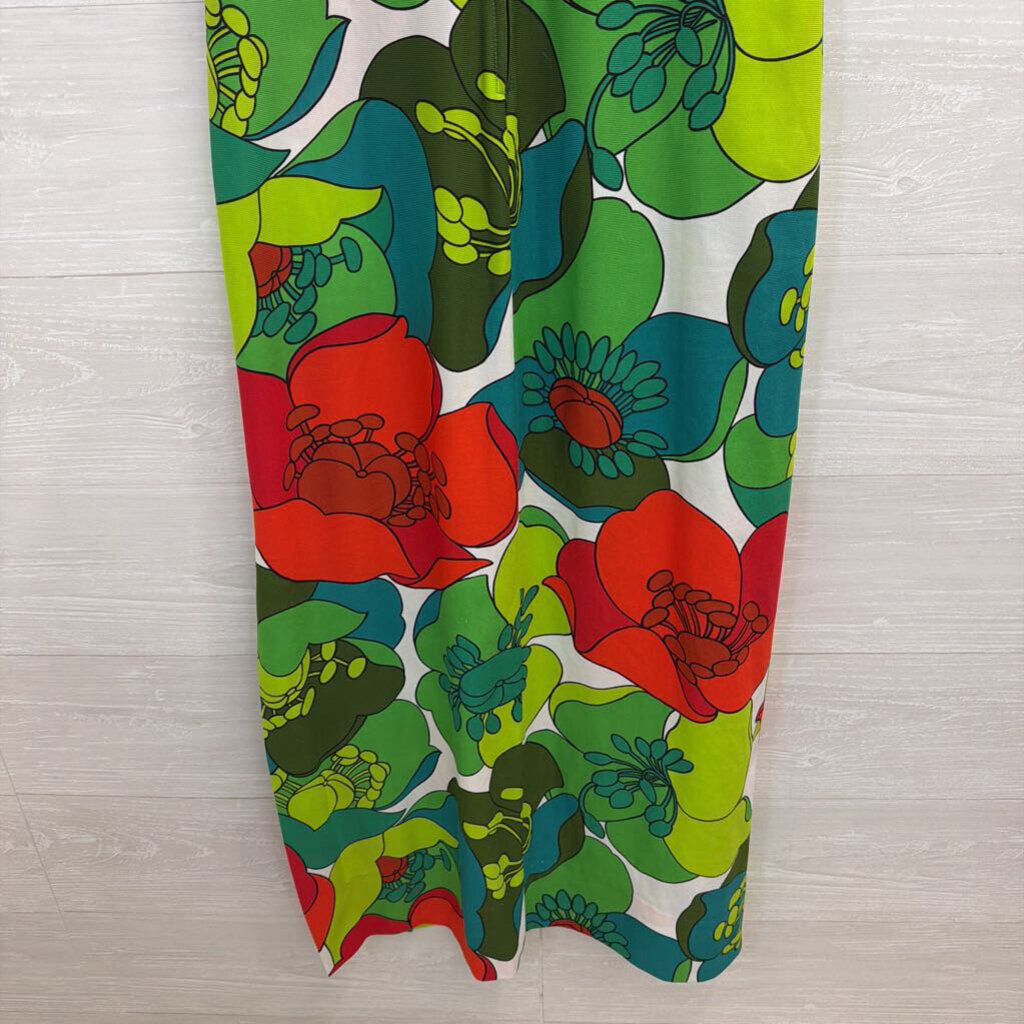 Vintage Malihini Hawaii Green/ Multi Retro Print Sleeveless Maxi Dress 0