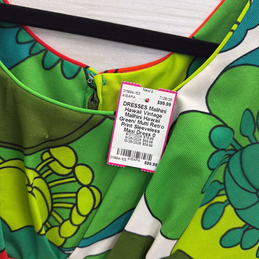 Vintage Malihini Hawaii Green/ Multi Retro Print Sleeveless Maxi Dress 0