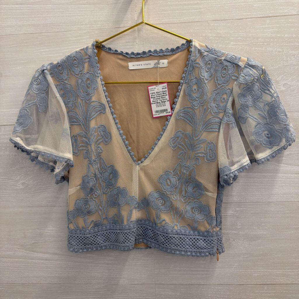 Altar'd State Blue/ Beige Embroidered Cropped Short Sleeve Top Extra Small