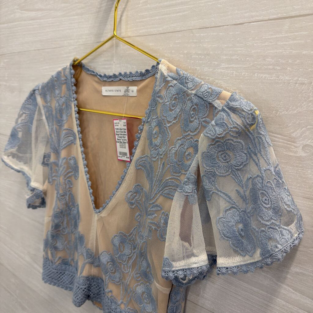 Altar'd State Blue/ Beige Embroidered Cropped Short Sleeve Top Extra Small