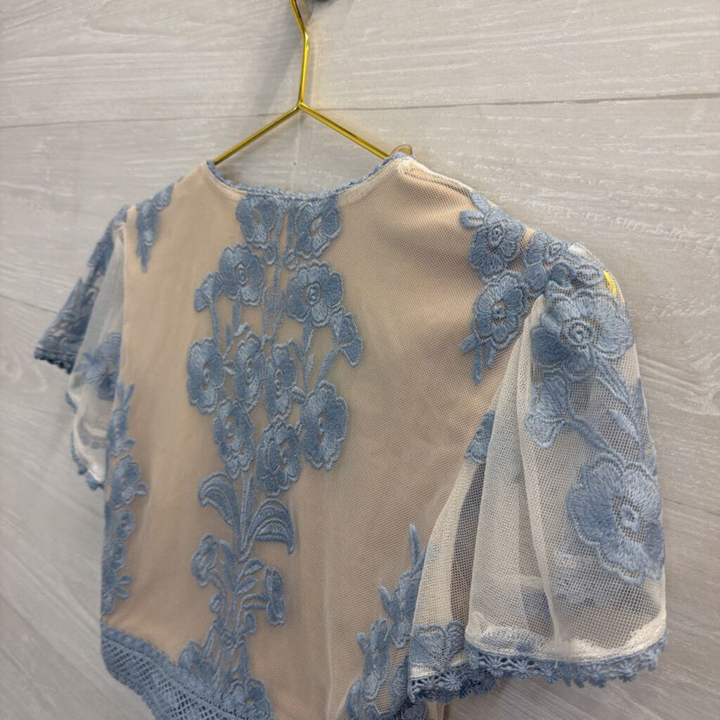 Altar'd State Blue/ Beige Embroidered Cropped Short Sleeve Top Extra Small