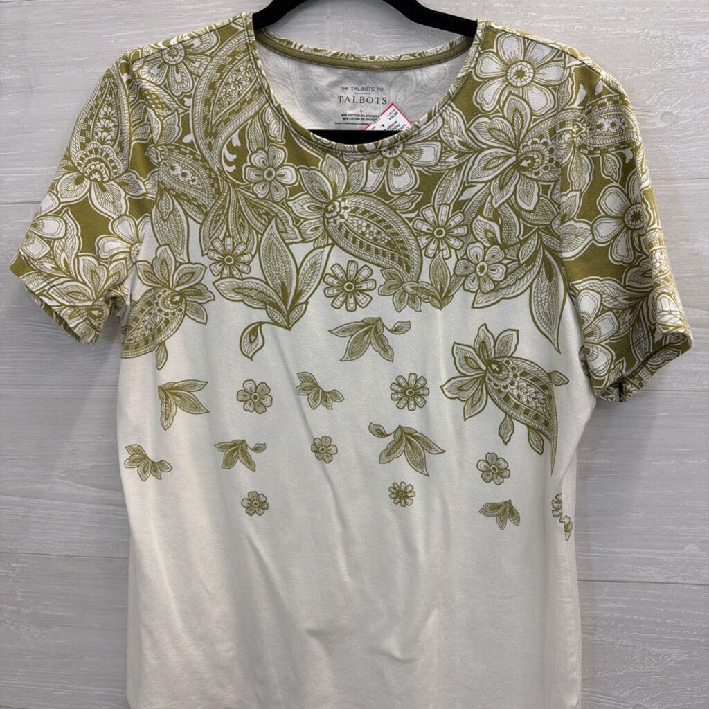 Talbots White/ Green Print Short Sleeve Top Large