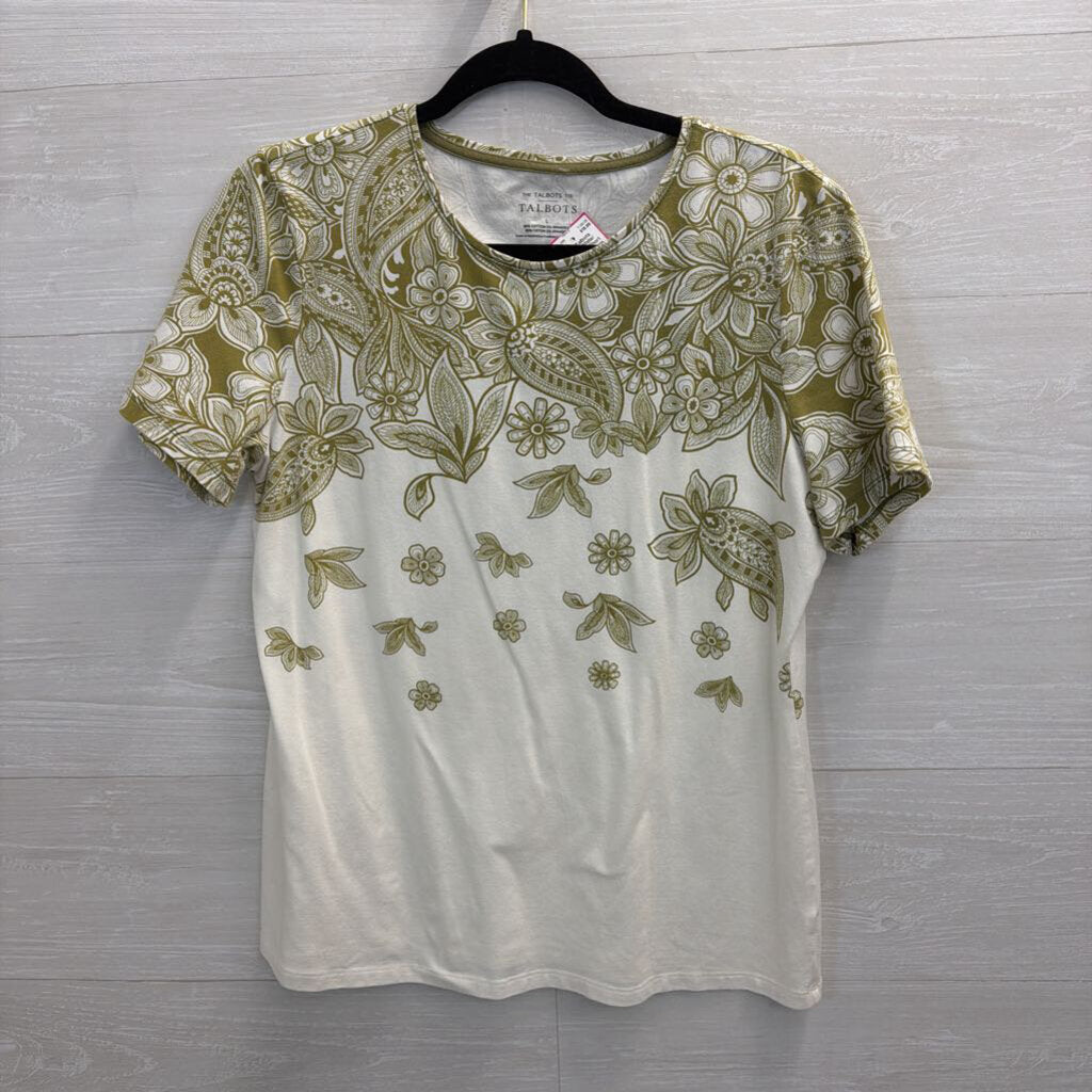 Talbots White/ Green Print Short Sleeve Top Large
