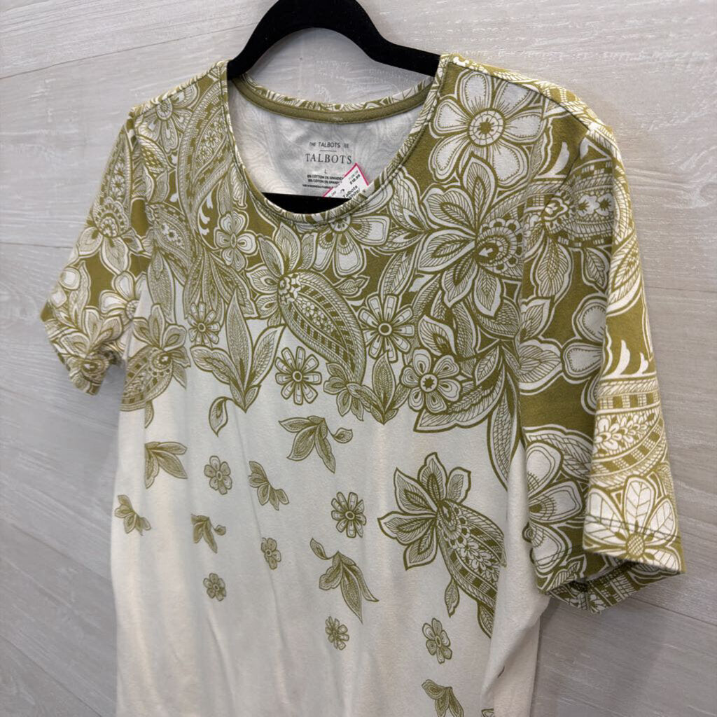 Talbots White/ Green Print Short Sleeve Top Large