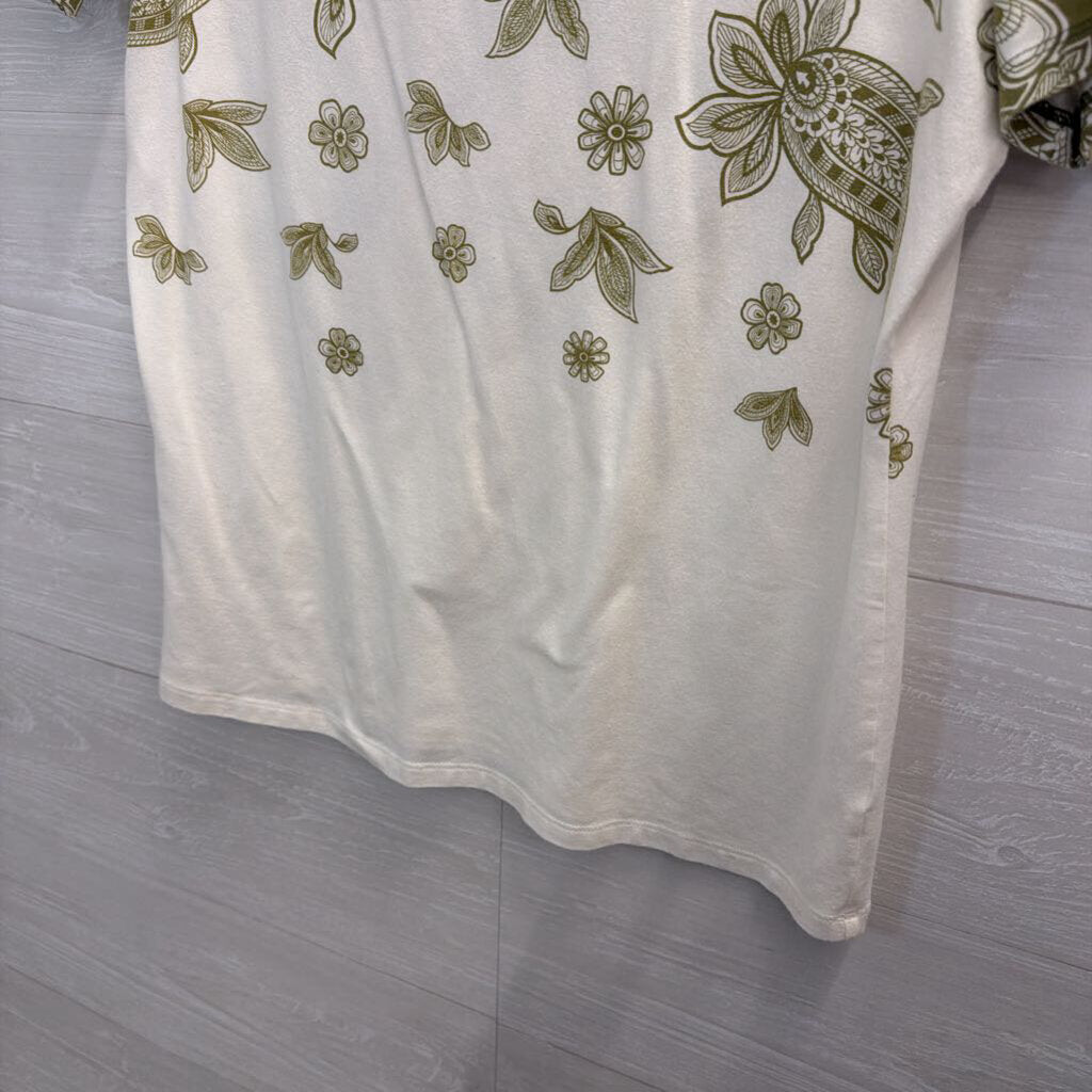 Talbots White/ Green Print Short Sleeve Top Large