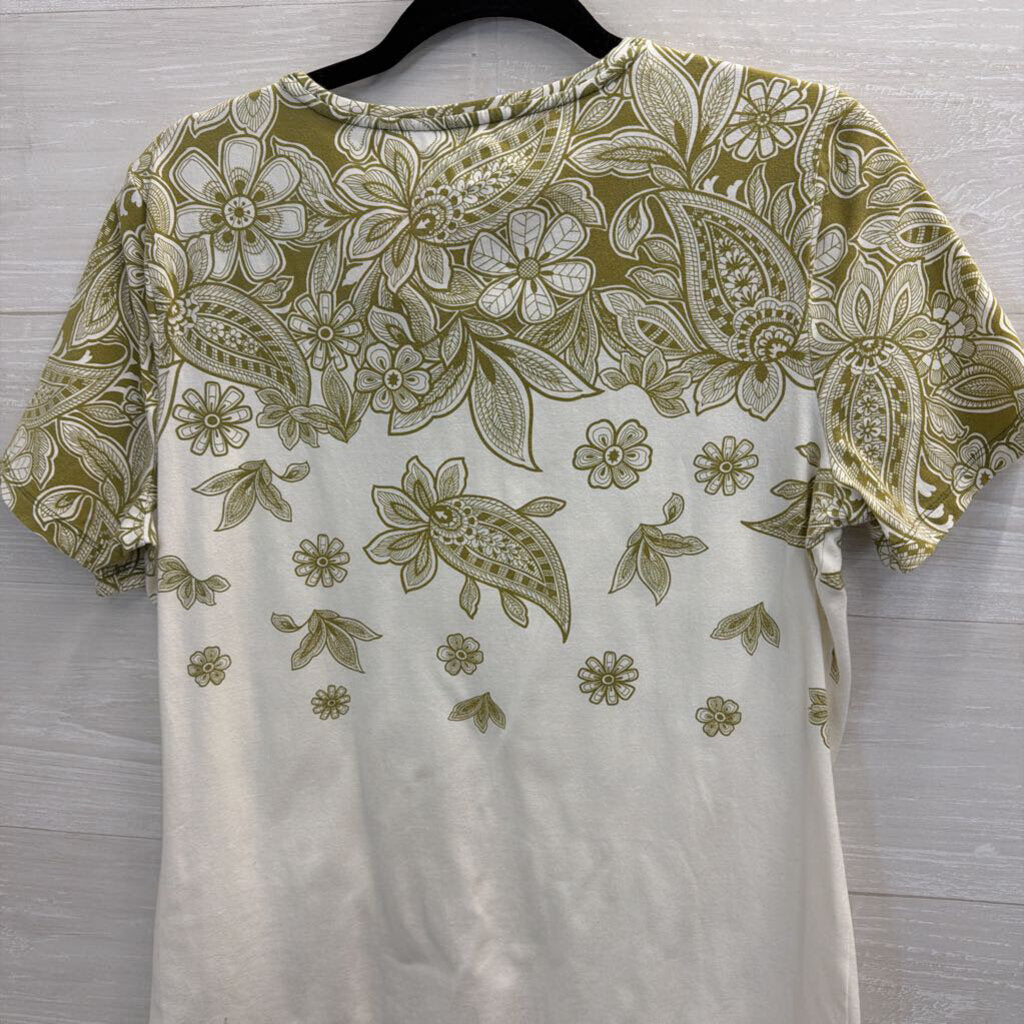 Talbots White/ Green Print Short Sleeve Top Large