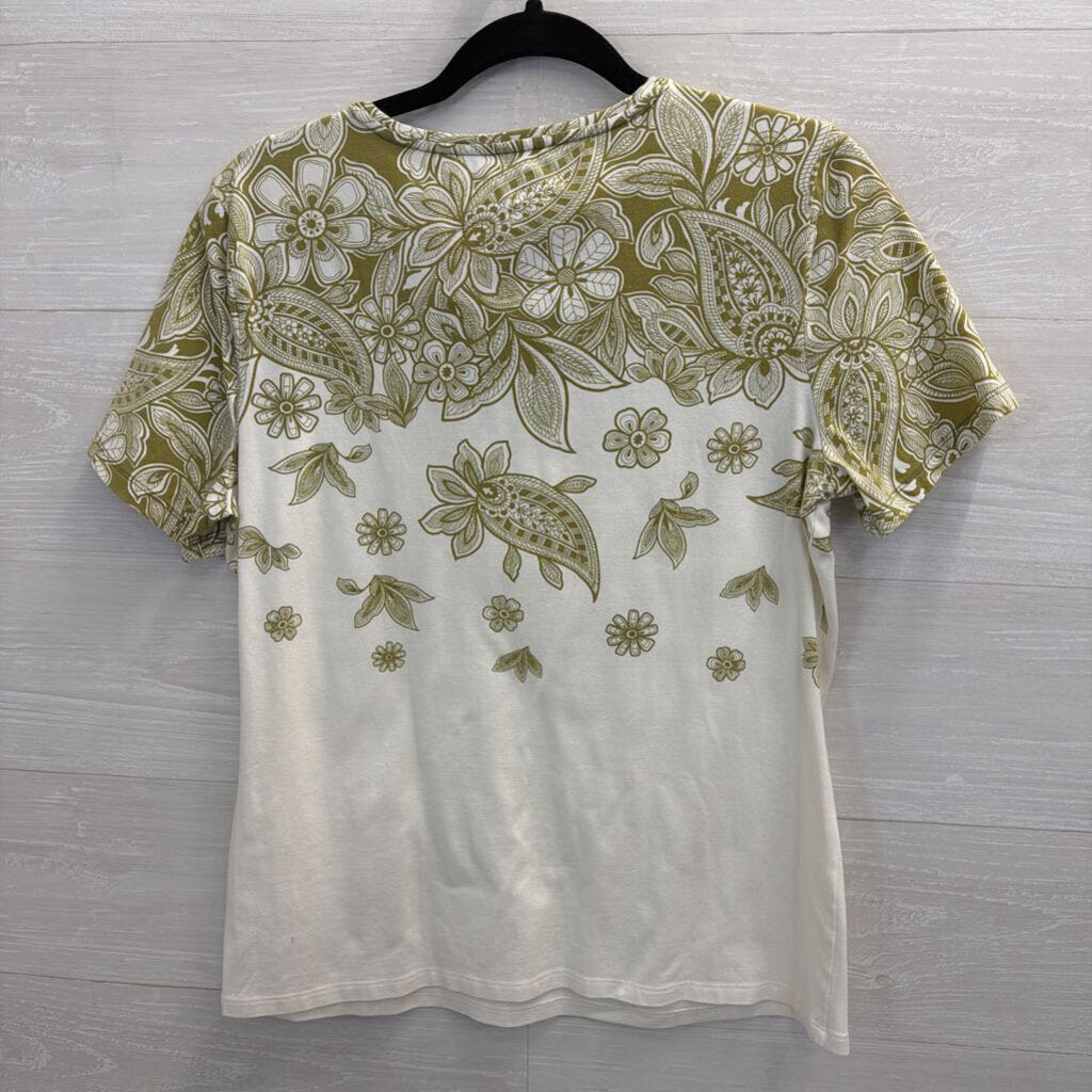 Talbots White/ Green Print Short Sleeve Top Large