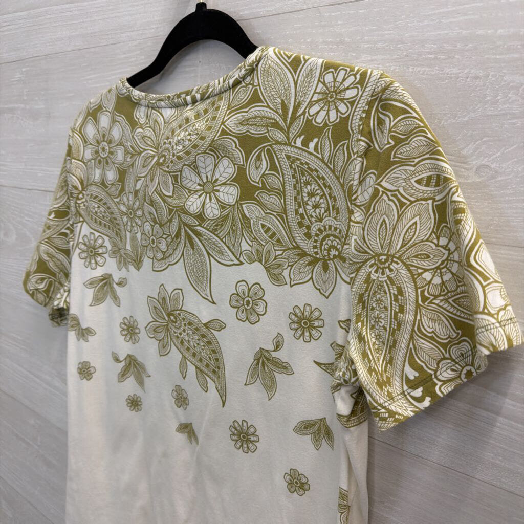 Talbots White/ Green Print Short Sleeve Top Large