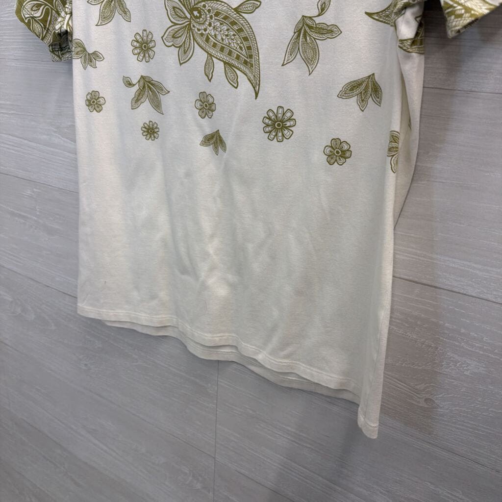 Talbots White/ Green Print Short Sleeve Top Large