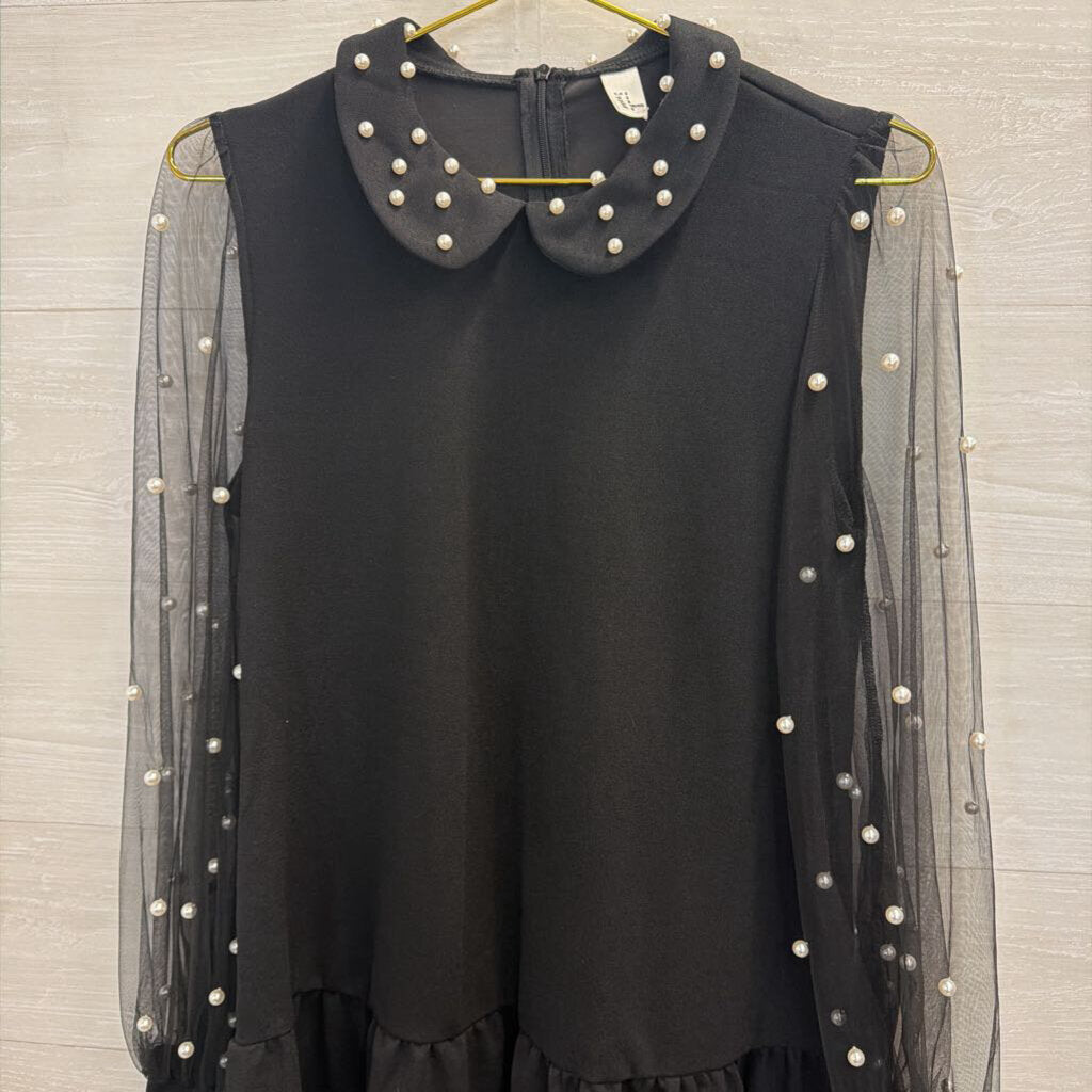 Black Pearl Detail Long Sleeve Dress Small