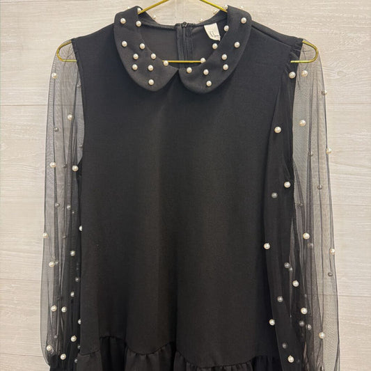Black Pearl Detail Long Sleeve Dress Small