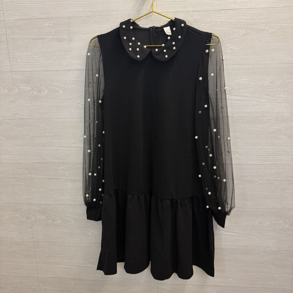 Black Pearl Detail Long Sleeve Dress Small