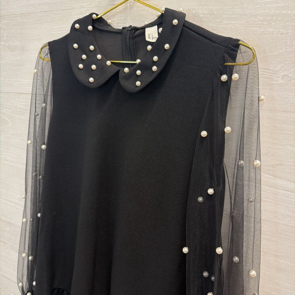 Black Pearl Detail Long Sleeve Dress Small