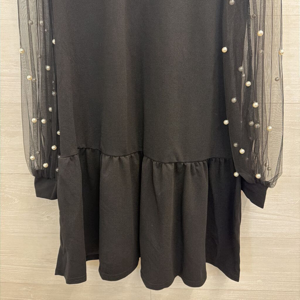 Black Pearl Detail Long Sleeve Dress Small
