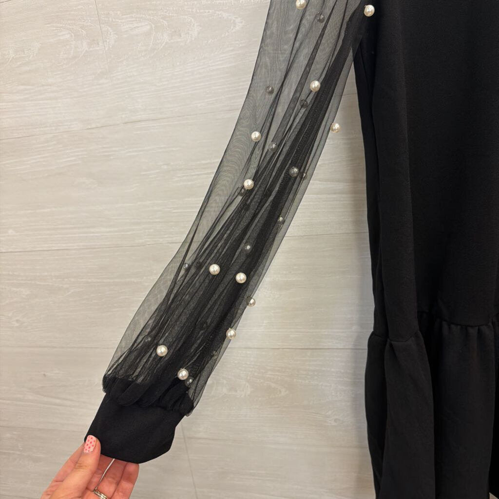Black Pearl Detail Long Sleeve Dress Small