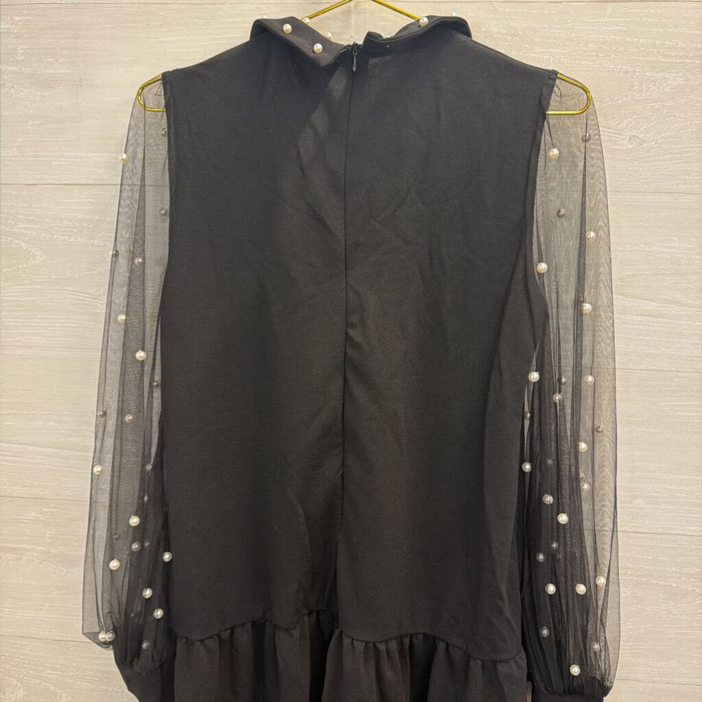 Black Pearl Detail Long Sleeve Dress Small