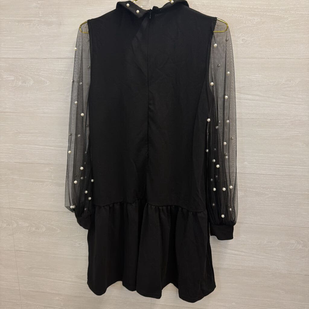 Black Pearl Detail Long Sleeve Dress Small