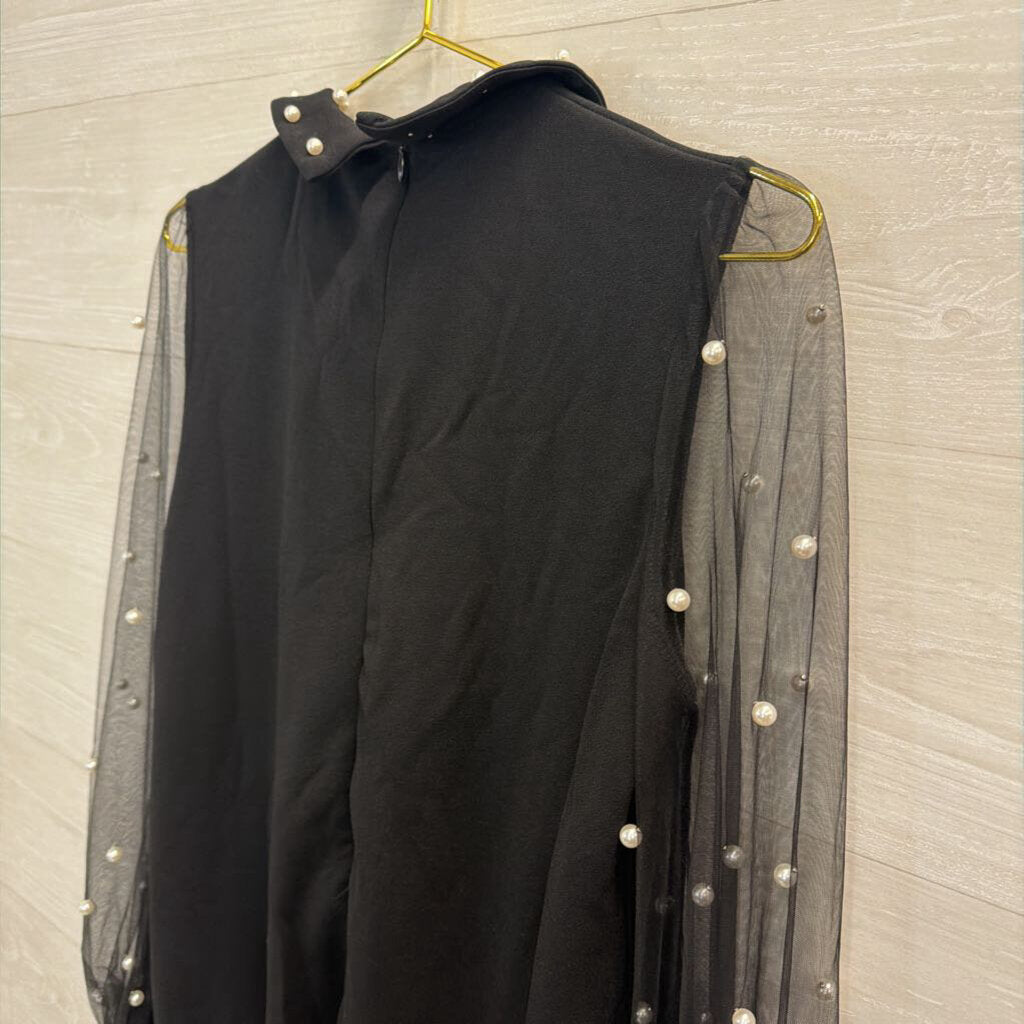 Black Pearl Detail Long Sleeve Dress Small