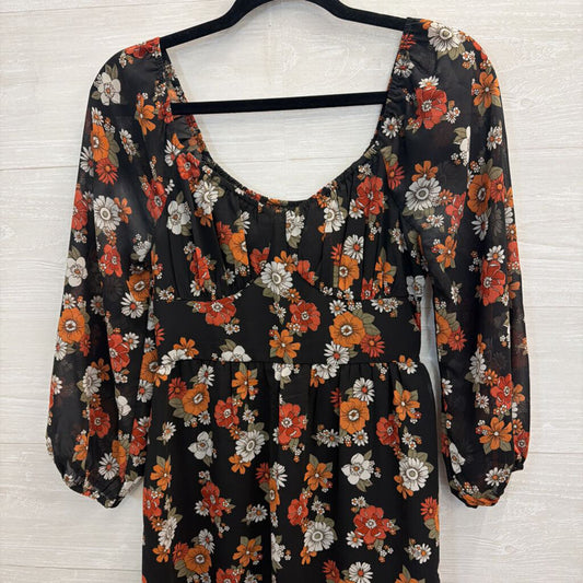 Hollister Black/ Orange Floral Print Long Sleeve Midi Dress Small
